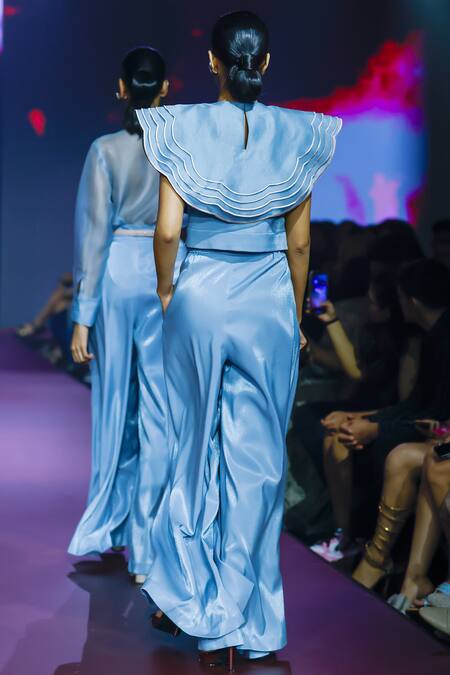 Shop_Pankaj & Nidhi_Blue Sterling Solid Shimmer Flared Trouser _at_Aza_Fashions