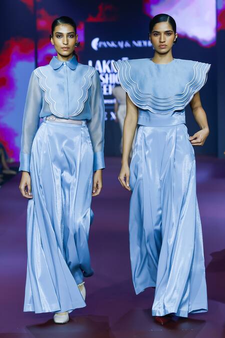 Buy_Pankaj & Nidhi_Blue Sterling Solid Shimmer Flared Trouser _Online_at_Aza_Fashions