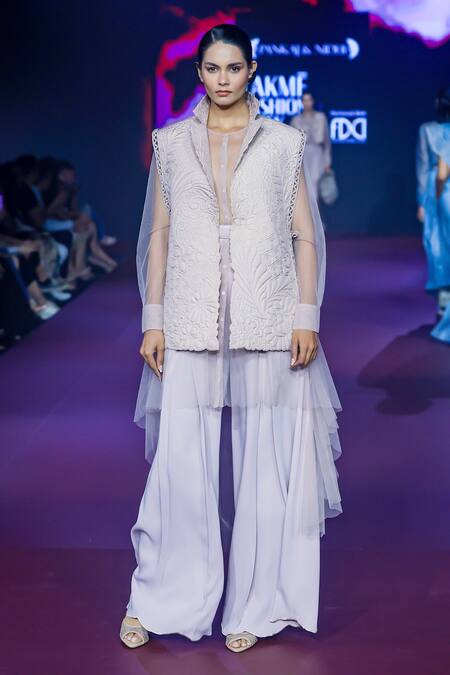 Pankaj & Nidhi_Pink Crepe Dusky Rose High-waisted Flared Trouser _Online_at_Aza_Fashions