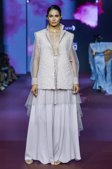 Buy_Pankaj & Nidhi_Pink Crepe Dusky Rose High-waisted Flared Trouser _Online_at_Aza_Fashions