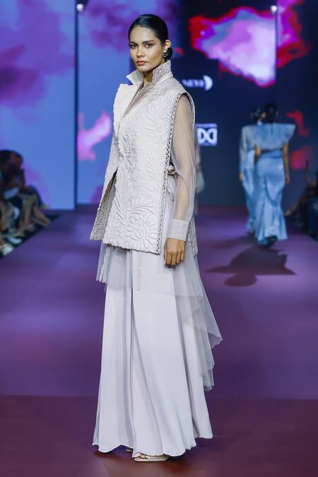 Shop_Pankaj & Nidhi_Pink Crepe Dusky Rose High-waisted Flared Trouser _Online_at_Aza_Fashions