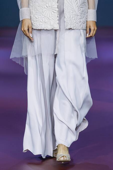 Pankaj & Nidhi_Pink Crepe Dusky Rose High-waisted Flared Trouser _at_Aza_Fashions
