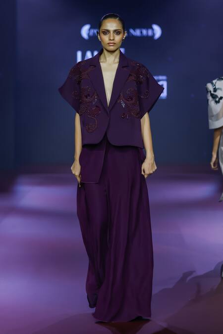 Buy_Pankaj & Nidhi_Purple Crepe High-waisted Solid Skirt _Online_at_Aza_Fashions