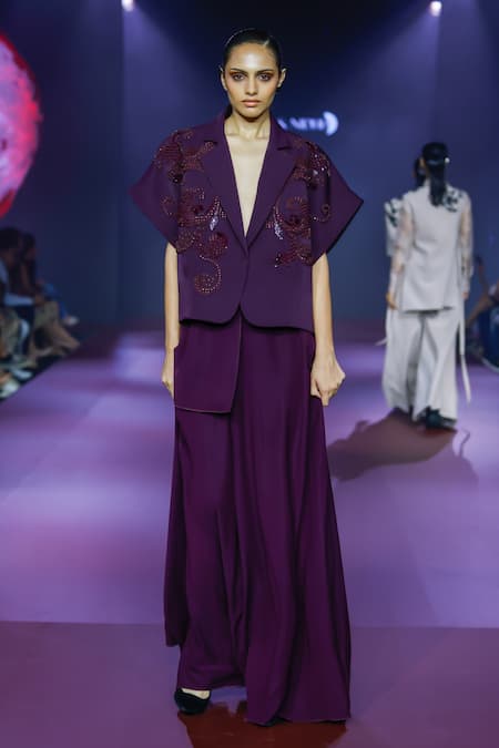 Shop_Pankaj & Nidhi_Purple Crepe High-waisted Solid Skirt _Online_at_Aza_Fashions