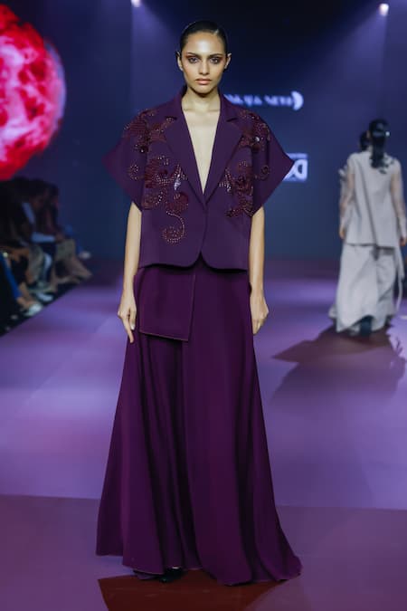 Pankaj & Nidhi_Purple Crepe High-waisted Solid Skirt _at_Aza_Fashions