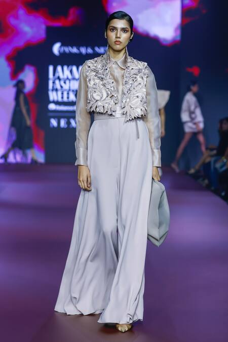 Pankaj & Nidhi_Pink Crepe Embroidery Plunge Neck Dusky Rose Jumpsuit _Online_at_Aza_Fashions