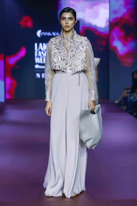 Buy_Pankaj & Nidhi_Pink Crepe Embroidery Plunge Neck Dusky Rose Jumpsuit _Online_at_Aza_Fashions