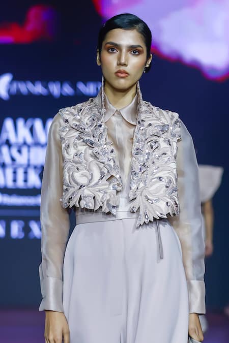 Shop_Pankaj & Nidhi_Pink Crepe Embroidery Plunge Neck Dusky Rose Jumpsuit _Online_at_Aza_Fashions