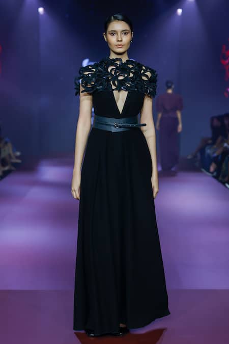 Shop Pankaj & Nidhi Black Crepe Fabric Flowers Plunge Neck Structured Jumpsuit at Aza Fashions Shop_Pankaj & Nidhi_Black Crepe Fabric Flowers Plunge Neck Structured Jumpsuit _at_Aza_Fashions