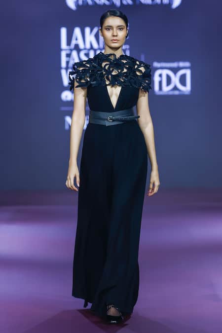 Pankaj & Nidhi Black Crepe Fabric Flowers Plunge Neck Structured Jumpsuit Online at Aza Fashions Pankaj & Nidhi_Black Crepe Fabric Flowers Plunge Neck Structured Jumpsuit _Online_at_Aza_Fashions