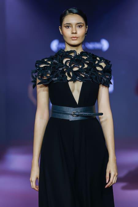 Buy Pankaj & Nidhi Black Crepe Fabric Flowers Plunge Neck Structured Jumpsuit Online at Aza Fashions Buy_Pankaj & Nidhi_Black Crepe Fabric Flowers Plunge Neck Structured Jumpsuit _Online_at_Aza_Fashions