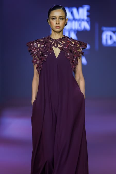 Pankaj & Nidhi_Purple Crepe Embroidery V-neck Rasin Solid Flared Jumpsuit _Online_at_Aza_Fashions