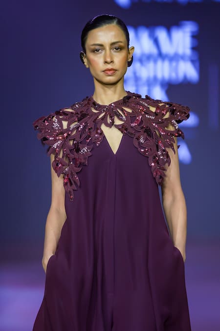 Buy_Pankaj & Nidhi_Purple Crepe Embroidery V-neck Rasin Solid Flared Jumpsuit _Online_at_Aza_Fashions