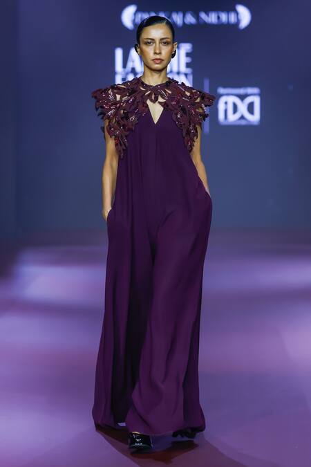 Shop_Pankaj & Nidhi_Purple Crepe Embroidery V-neck Rasin Solid Flared Jumpsuit _Online_at_Aza_Fashions