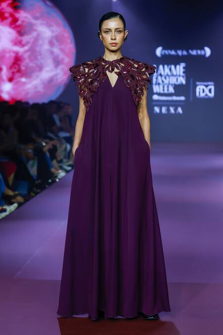 Pankaj & Nidhi_Purple Crepe Embroidery V-neck Rasin Solid Flared Jumpsuit _at_Aza_Fashions