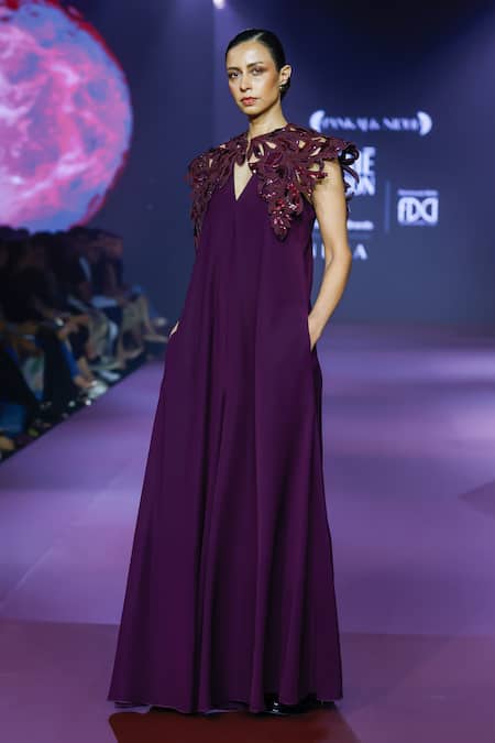 Buy_Pankaj & Nidhi_Purple Crepe Embroidery V-neck Rasin Solid Flared Jumpsuit 