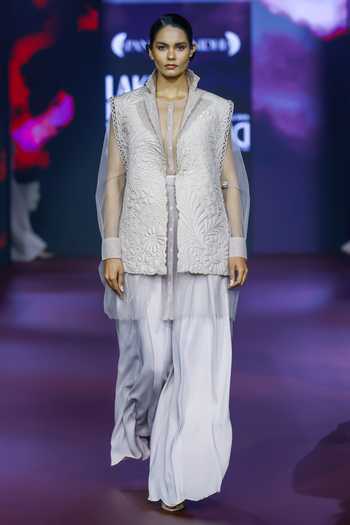Pankaj & Nidhi_Pink Tulle Embroidery Round Neck Dusky Rose Sheer High-low Top _Online_at_Aza_Fashions