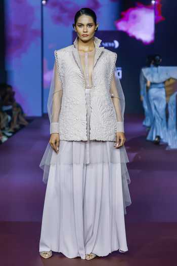 Buy_Pankaj & Nidhi_Pink Tulle Embroidery Round Neck Dusky Rose Sheer High-low Top _Online_at_Aza_Fashions