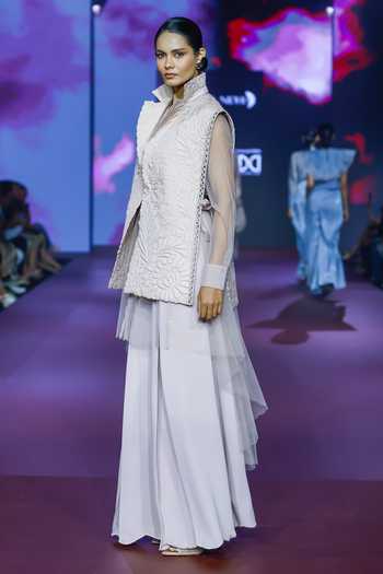 Shop_Pankaj & Nidhi_Pink Tulle Embroidery Round Neck Dusky Rose Sheer High-low Top _Online_at_Aza_Fashions
