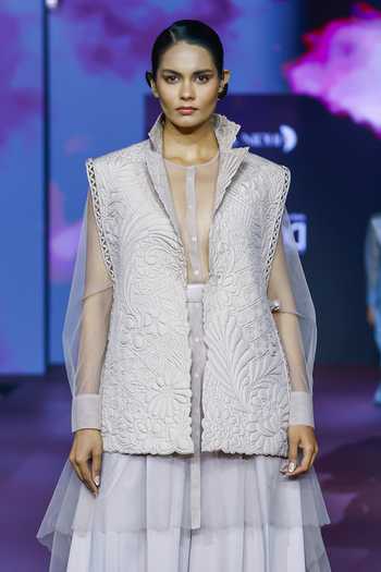 Pankaj & Nidhi_Pink Tulle Embroidery Round Neck Dusky Rose Sheer High-low Top _at_Aza_Fashions