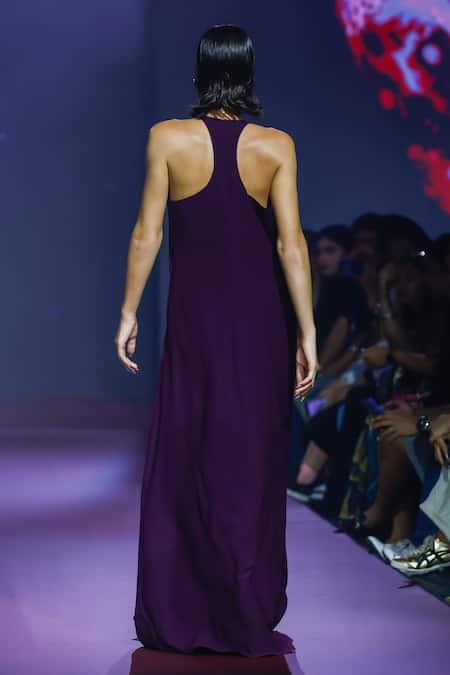 Pankaj & Nidhi Crystal Applique Plunge V Neck Maxi Dress 