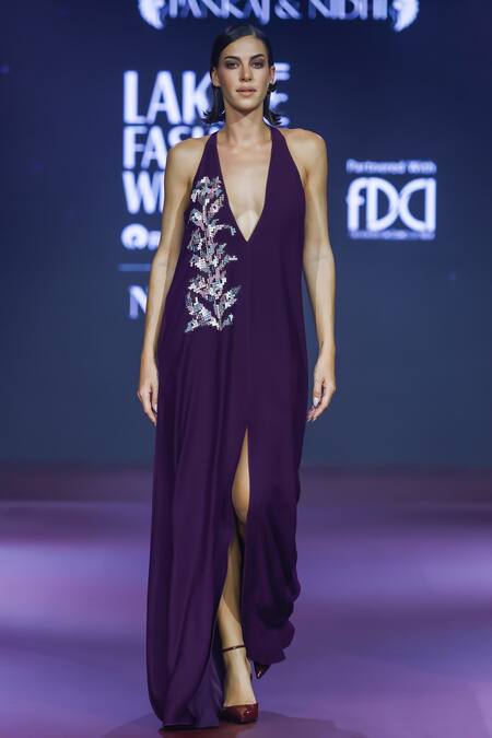 Pankaj & Nidhi_Purple Tissue Crystals Plunge Neck Applique V Maxi Dress _Online_at_Aza_Fashions