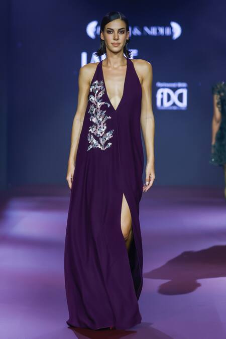 Buy_Pankaj & Nidhi_Purple Tissue Crystals Plunge Neck Applique V Maxi Dress _Online_at_Aza_Fashions