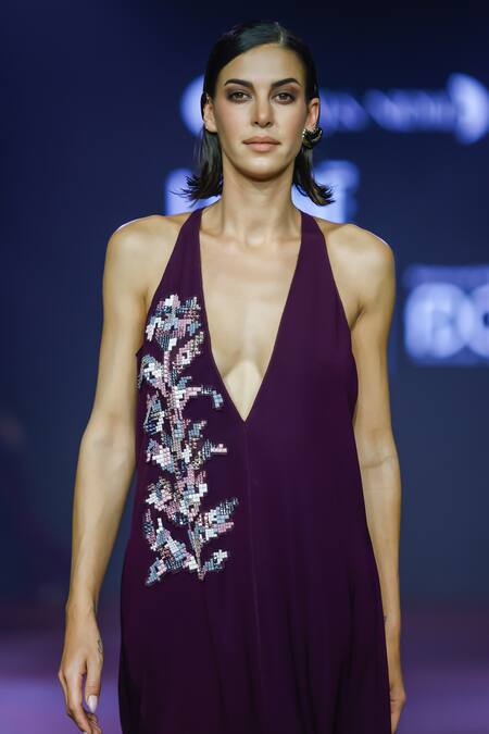 Shop_Pankaj & Nidhi_Purple Tissue Crystals Plunge Neck Applique V Maxi Dress _Online_at_Aza_Fashions