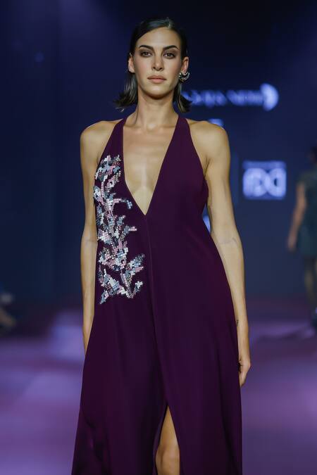 Pankaj & Nidhi_Purple Tissue Crystals Plunge Neck Applique V Maxi Dress _at_Aza_Fashions