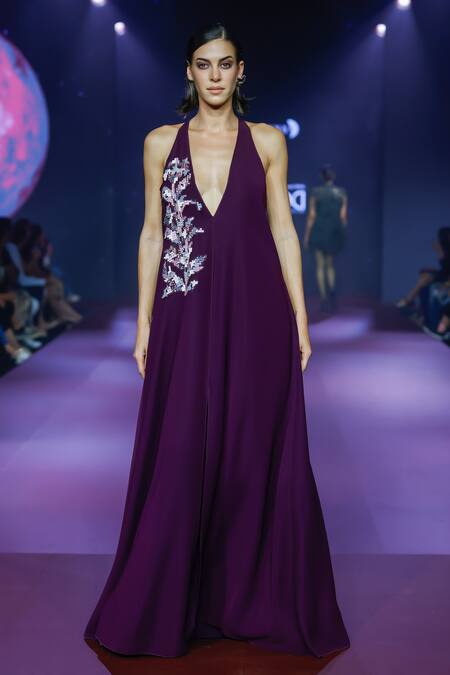 Buy_Pankaj & Nidhi_Purple Tissue Crystals Plunge Neck Applique V Maxi Dress 