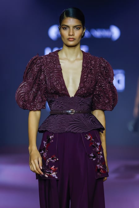 Pankaj & Nidhi_Purple Tulle, Silk Organza Applique, Cut Work Plunge Roseate Floral Crop Top _Online_at_Aza_Fashions