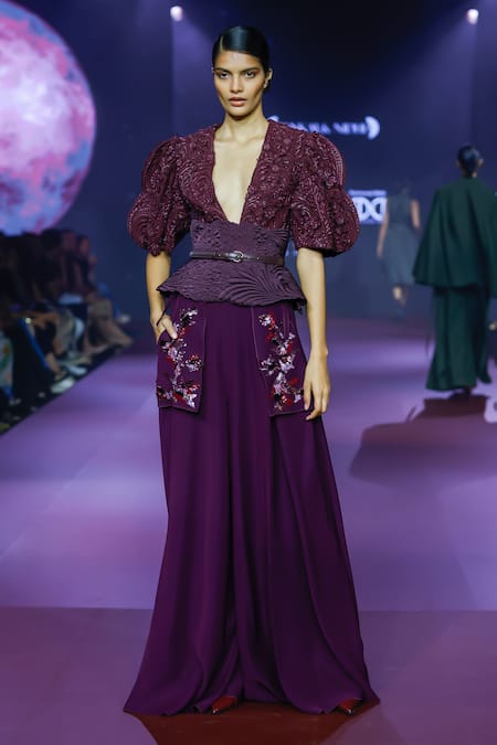 Buy_Pankaj & Nidhi_Purple Tulle, Silk Organza Applique, Cut Work Plunge Roseate Floral Crop Top _Online_at_Aza_Fashions
