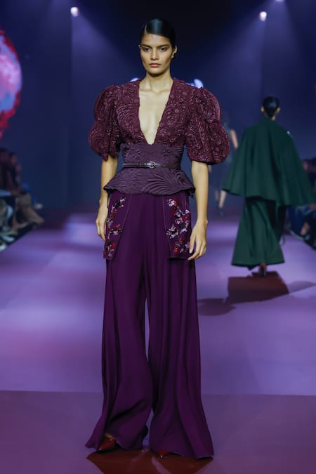 Pankaj & Nidhi Embellished Purple Crop Top & Trouser Set 