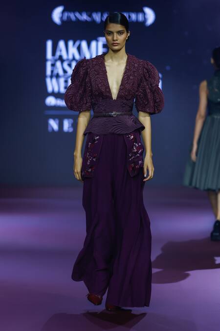 Pankaj & Nidhi_Purple Tulle, Silk Organza, Viscose Embellished Crop Top And Trouser Set _Online_at_Aza_Fashions