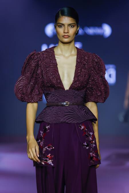 Buy_Pankaj & Nidhi_Purple Tulle, Silk Organza, Viscose Embellished Crop Top And Trouser Set _Online_at_Aza_Fashions