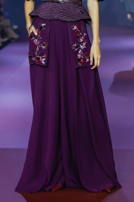 Shop_Pankaj & Nidhi_Purple Tulle, Silk Organza, Viscose Embellished Crop Top And Trouser Set _Online_at_Aza_Fashions