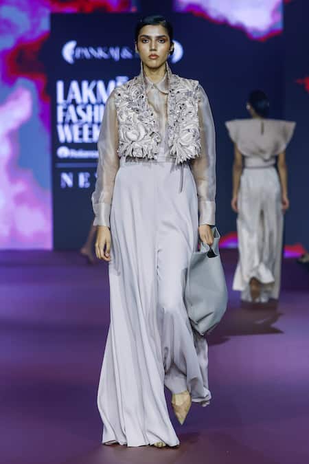 Pankaj & Nidhi_Pink Silk Organza Beads Collared Dusky Rose Sheer Shirt _Online_at_Aza_Fashions