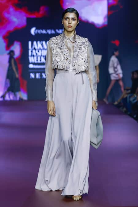 Buy_Pankaj & Nidhi_Pink Silk Organza Beads Collared Dusky Rose Sheer Shirt _Online_at_Aza_Fashions