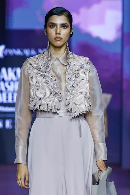 Shop_Pankaj & Nidhi_Pink Silk Organza Beads Collared Dusky Rose Sheer Shirt _Online_at_Aza_Fashions