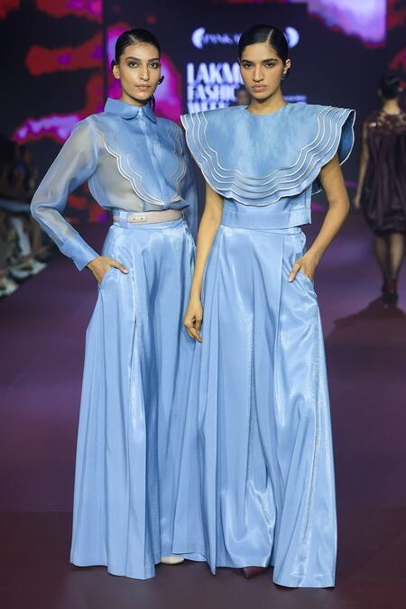 Pankaj & Nidhi_Blue Silk Organza Embroidery Shawl Sterling Scalloped Layered Shirt And Trouser _Online_at_Aza_Fashions