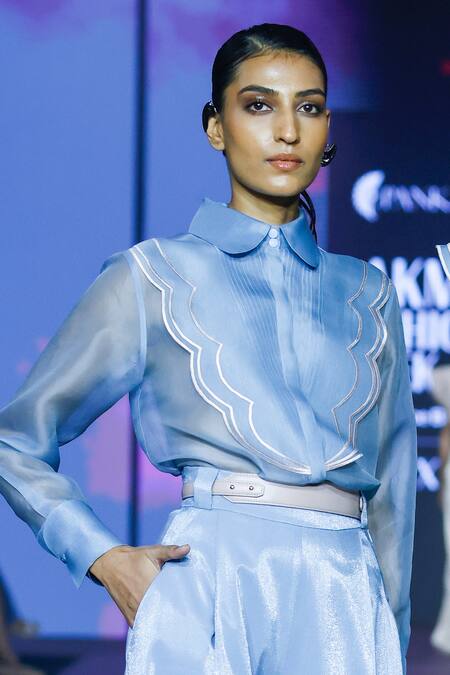 Buy Pankaj & Nidhi Blue Silk Organza Embroidery Shawl Sterling Scalloped Layered Shirt And Trouser Online at Aza Fashions Buy_Pankaj & Nidhi_Blue Silk Organza Embroidery Shawl Sterling Scalloped Layered Shirt And Trouser _Online_at_Aza_Fashions