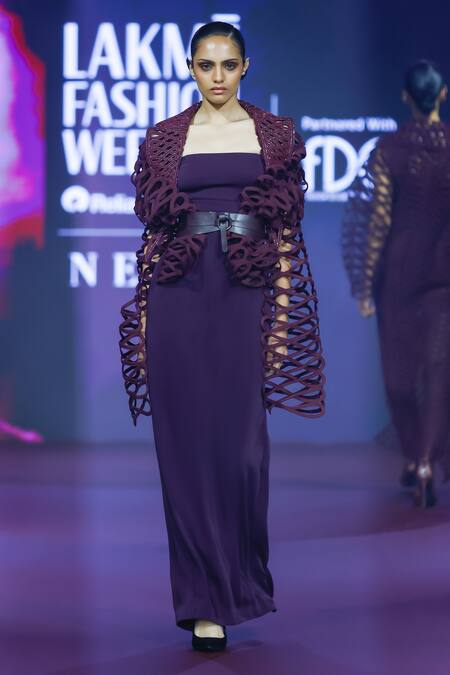 Pankaj & Nidhi Purple Tissue Square Neck Rasin Solid Maxi Dress Online at Aza Fashions Pankaj & Nidhi_Purple Tissue Square Neck Rasin Solid Maxi Dress _Online_at_Aza_Fashions