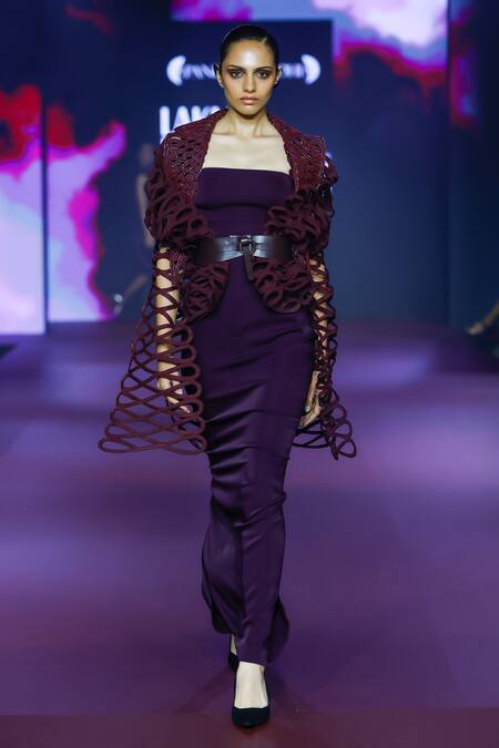 Buy Pankaj & Nidhi Purple Tissue Square Neck Rasin Solid Maxi Dress Online at Aza Fashions Buy_Pankaj & Nidhi_Purple Tissue Square Neck Rasin Solid Maxi Dress _Online_at_Aza_Fashions