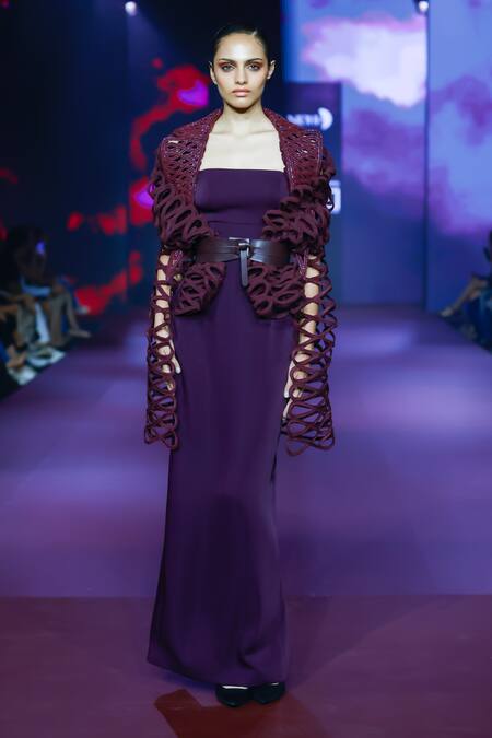 Shop Pankaj & Nidhi Purple Tissue Square Neck Rasin Solid Maxi Dress Online at Aza Fashions Shop_Pankaj & Nidhi_Purple Tissue Square Neck Rasin Solid Maxi Dress _Online_at_Aza_Fashions