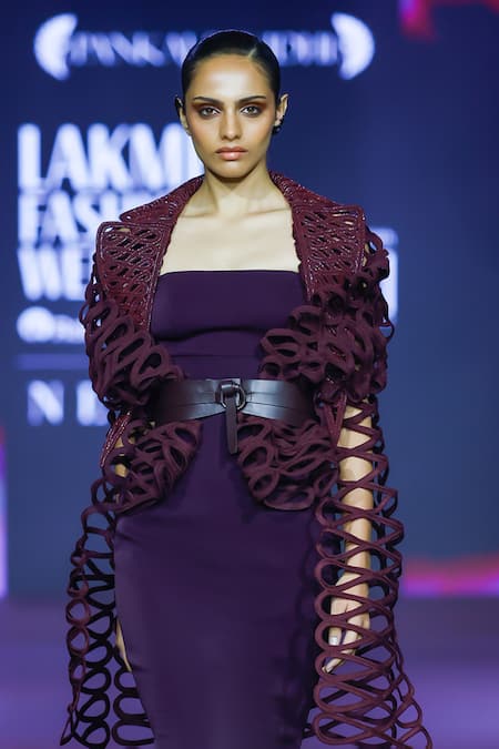 Pankaj & Nidhi Purple Tissue Square Neck Rasin Solid Maxi Dress at Aza Fashions Pankaj & Nidhi_Purple Tissue Square Neck Rasin Solid Maxi Dress _at_Aza_Fashions