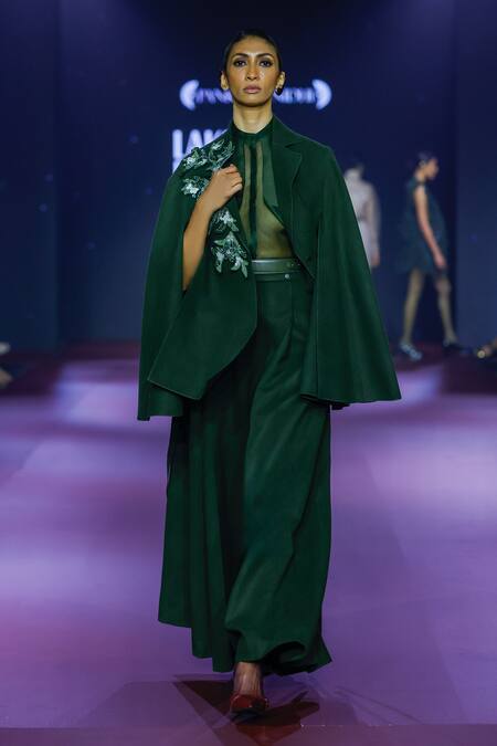 Pankaj & Nidhi Green Wool Collared Cypress Cape Style Jacket Online at Aza Fashions Pankaj & Nidhi_Green Wool Collared Cypress Cape Style Jacket _Online_at_Aza_Fashions