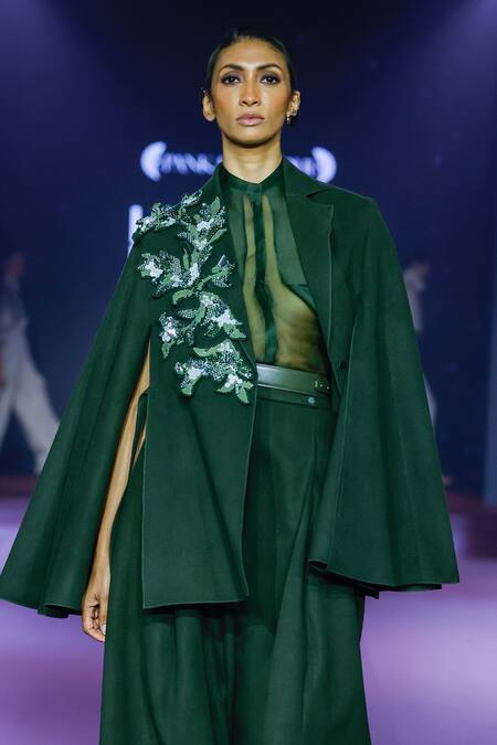 Buy Pankaj & Nidhi Green Wool Collared Cypress Cape Style Jacket Online at Aza Fashions Buy_Pankaj & Nidhi_Green Wool Collared Cypress Cape Style Jacket _Online_at_Aza_Fashions