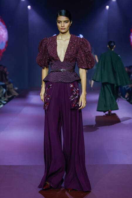 Pankaj & Nidhi_Purple Crepe Applique Rasin Embellished Trouser _Online_at_Aza_Fashions