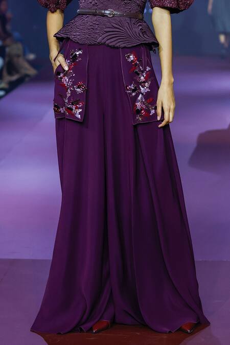 Buy_Pankaj & Nidhi_Purple Crepe Applique Rasin Embellished Trouser _Online_at_Aza_Fashions