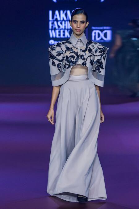 Pankaj & Nidhi_Pink Wool Fawn Sequin Applique Cape And Trouser Set _Online_at_Aza_Fashions